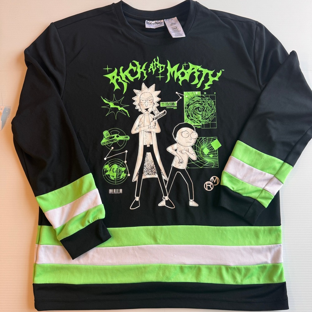 Rick and Morty Mens Medium Hockey Jersey Shirt Black Green
